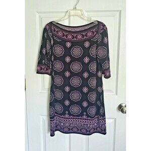 Max Edition Petite Shift Dress LP Medallion Print Boat Neck Decorated Hem Cuff